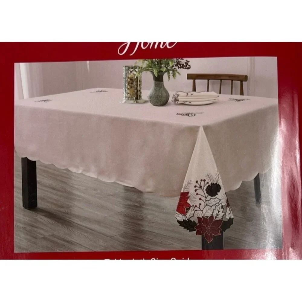 Holiday Christmas Elrene Poinsettia Cut Work Fabric Tablecloth 60